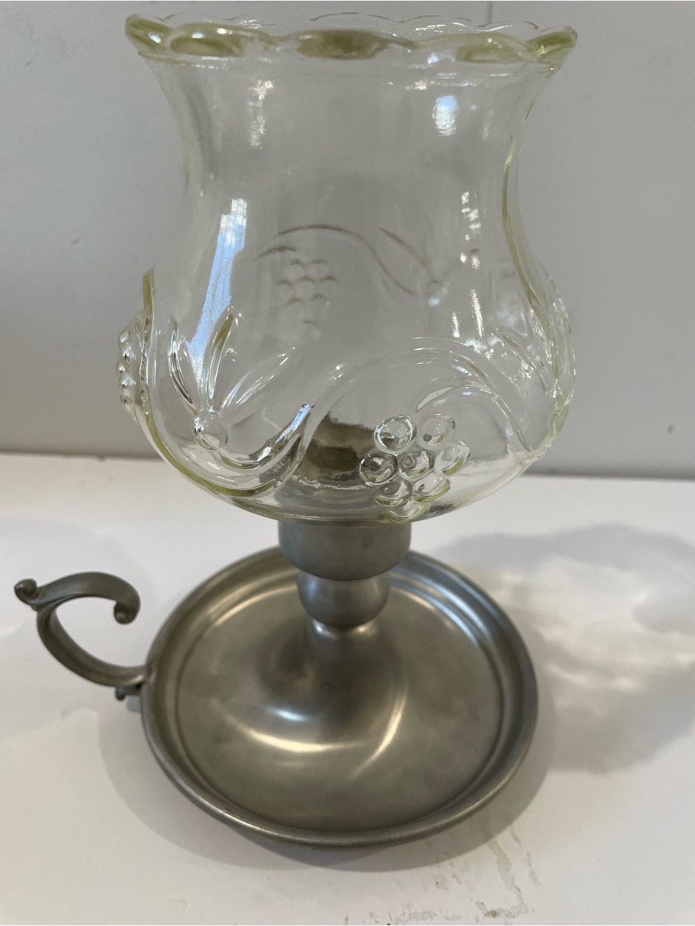 Vintage Pewter & Glass Globe Taper Candlestick Holder Finger Loop Cottagecore
